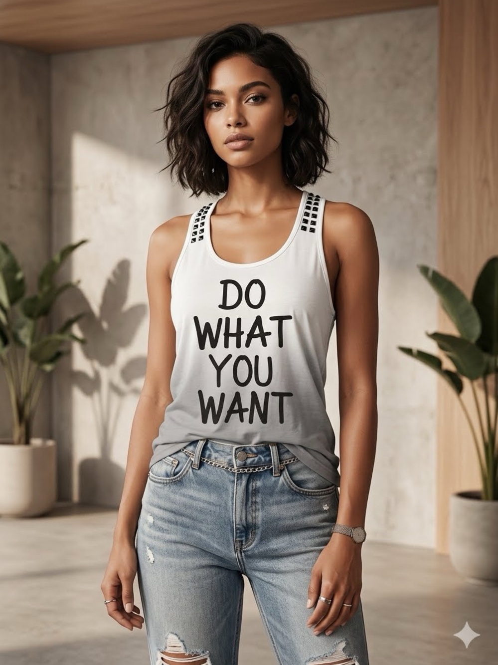 Forever 21 White to Light Gray Ombre Racerback Tank with Black Graphic